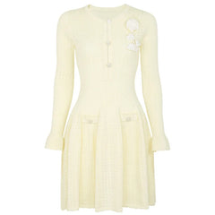 Knit Flower Appliqué Long Sleeve Mini Dress