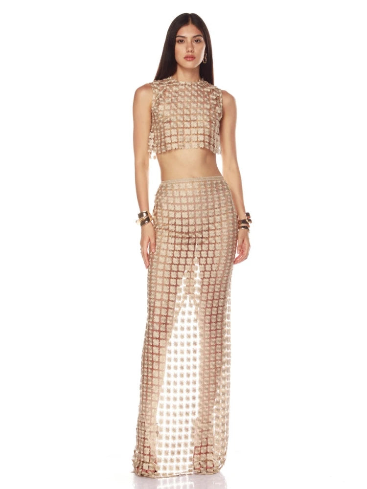 Cropped top and maxi skirt two-piece set with grid pattern