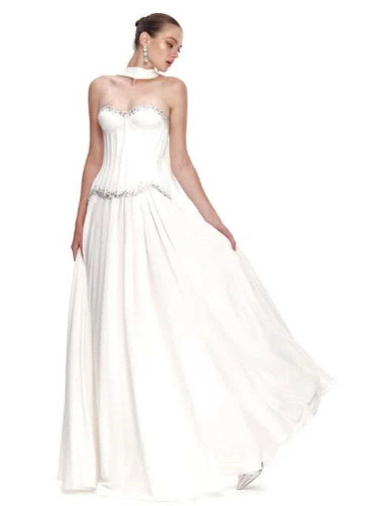 Strapless corset top and A-line skirt set with crystal embellishments