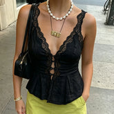 Black lace trim peplum camisole with button front