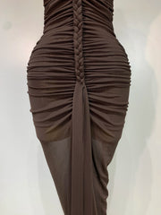 Halter Neck Ruched Knit Ankle-Length Dress
