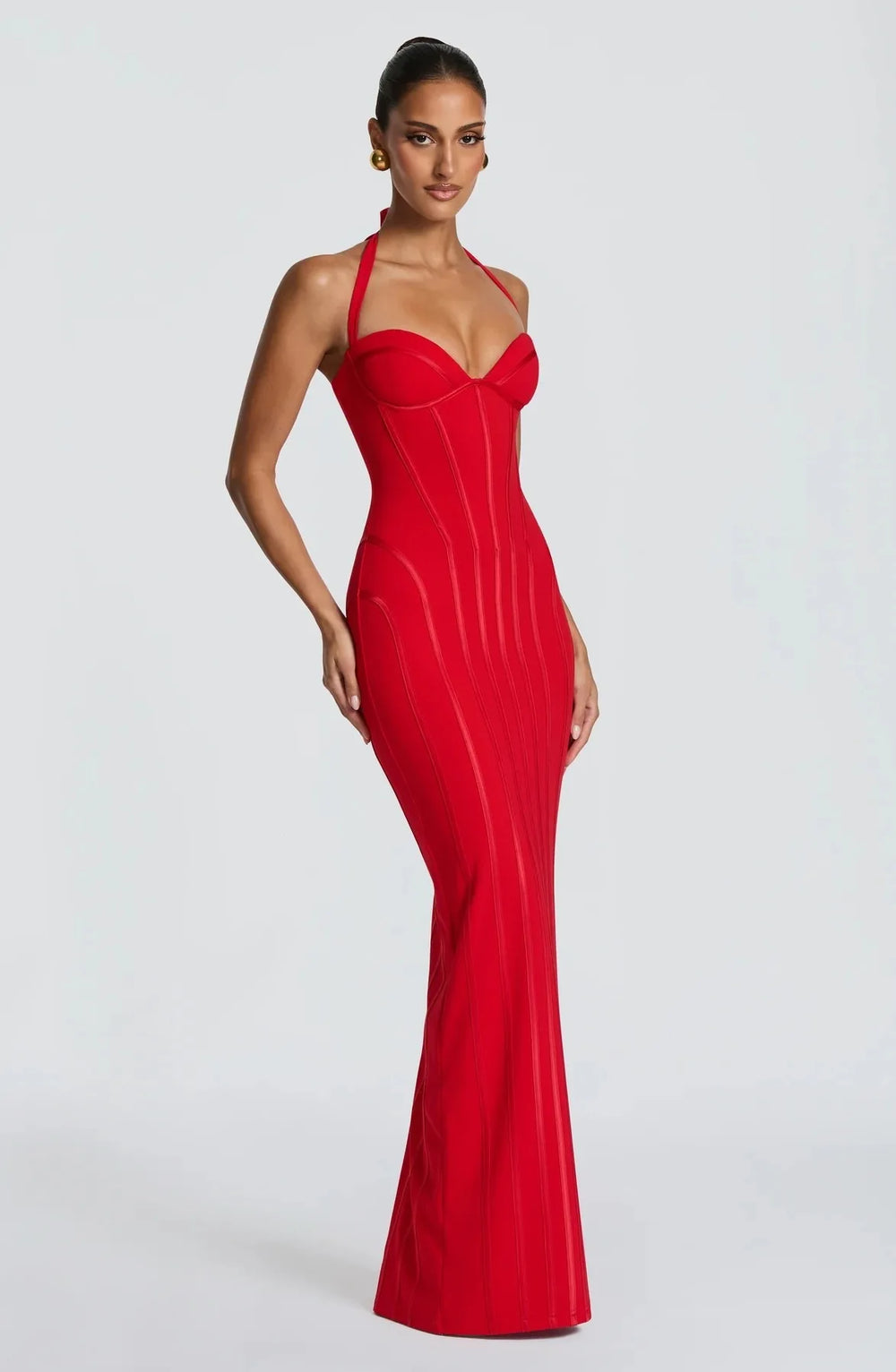 Red ribbed halter maxi dress front view