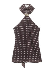 Brown halter top with white polka dots on a white background