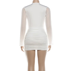 White Sheer Sleeve V-Neck Ruched Mini Dress