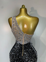 One-Shoulder Black Rhinestone Cut Out Maxi Dress