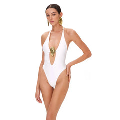 Halter Neck Plunge One-Piece Swimsuit and High-Slit Wrap Skirt Set