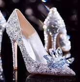 Sparkling high-heeled shoes with crystal design on a dark background