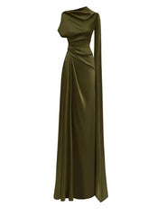 Long olive green dress on a white background