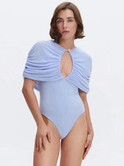 Ruched Cape Sleeve Keyhole Cut Out Bodysuit