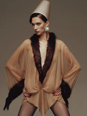 Fur trim wrap mini dress on model