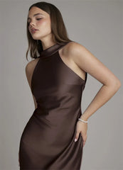 Halter Neck Sleeveless Satin Maxi Dress