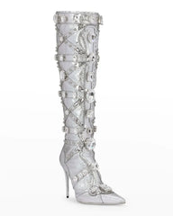 Silver knee-high boot with intricate design