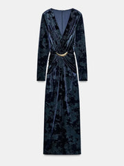 Dark blue velvet dress with a belt on a white background