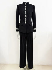 Black embellished stand collar jacket and wide leg pants suit on a mannequin