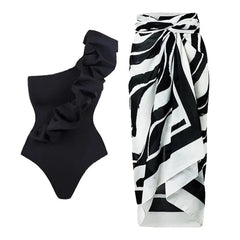 V-Neck Tie-Strap Swimsuit and Wrap Skirt Set