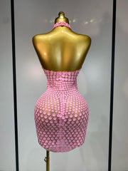 Pink sequin halter mini dress back view