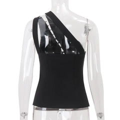 Black top with sheer straps on a transparent mannequin against a white background