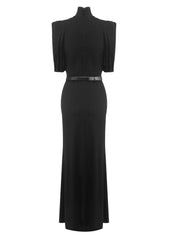 Black Turtleneck Padded Shoulder Belted Maxi Dress
