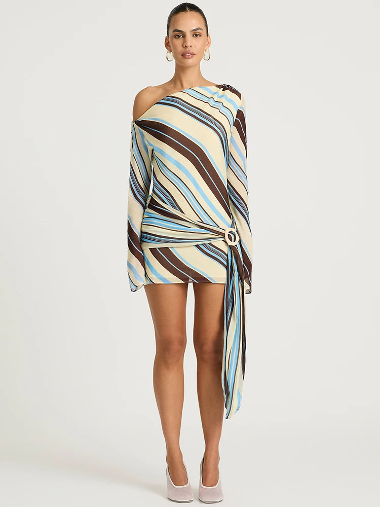 Front view of a striped one-shoulder mini dress
