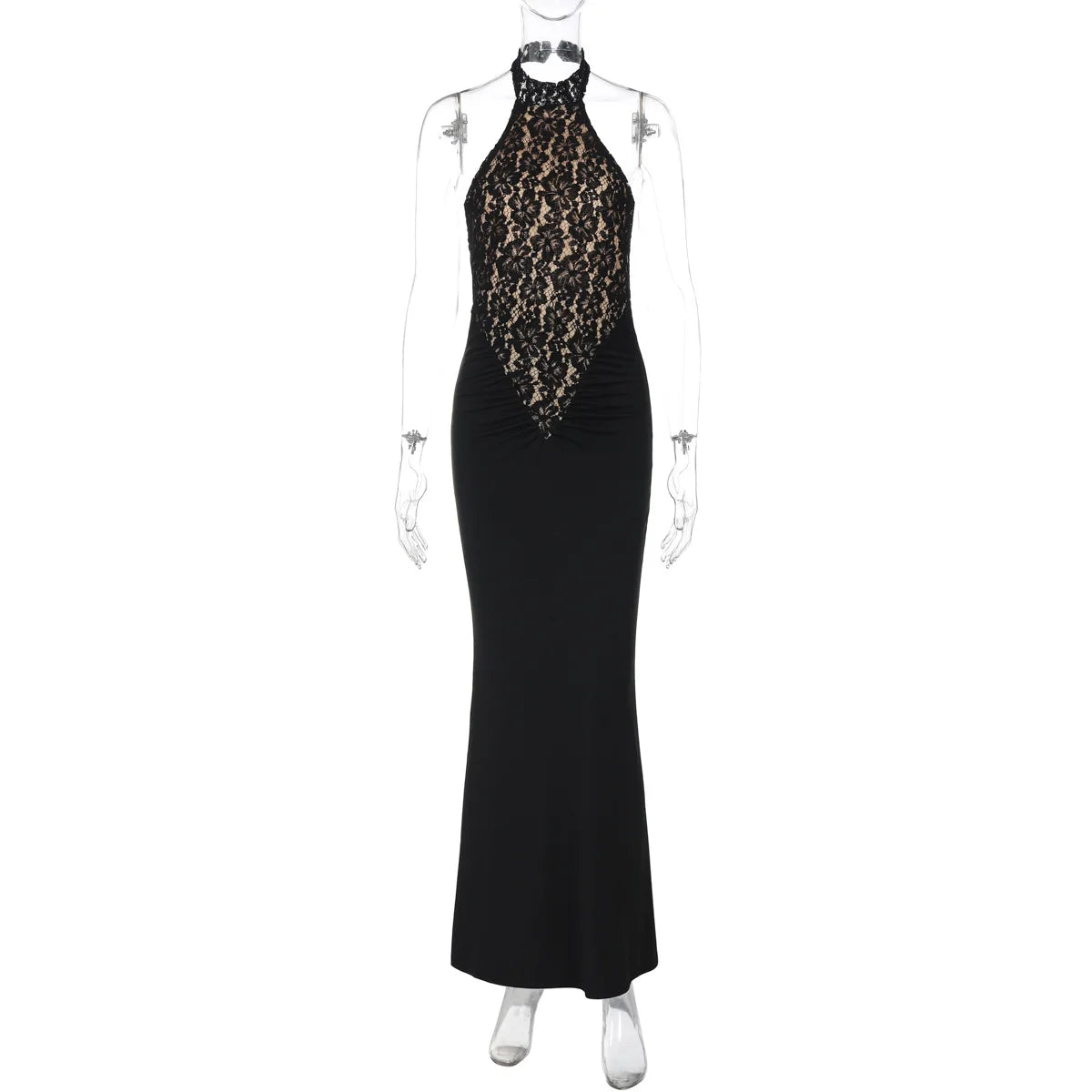 Black evening gown with gold embellishments on a mannequin against a white background