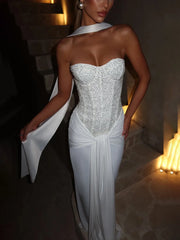 Sequin Strapless Draped Waist Evening Gown