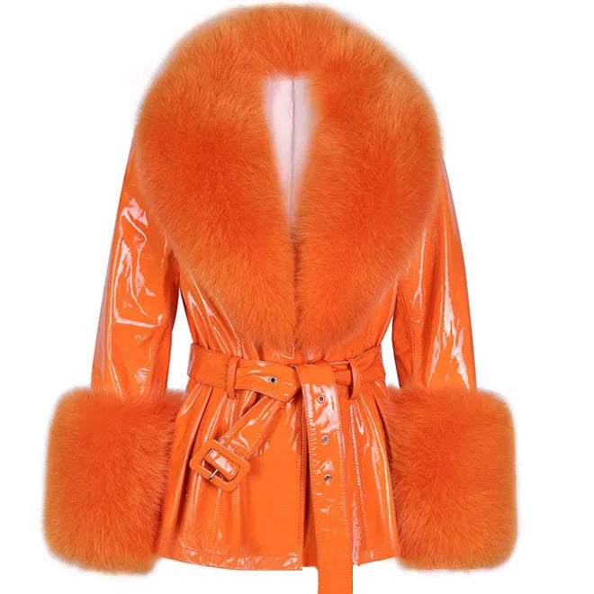 Orange vinyl coat with fur trim