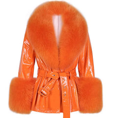 Orange vinyl coat with fur trim