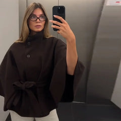 Stand Collar Belted Cape Coat
