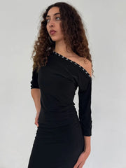 Diagonal Collar Ruched Bodycon Maxi Dress with Metallic Stud Detail