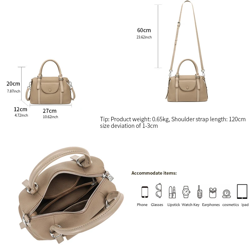 Beige handbag with measurements and product details on a white background