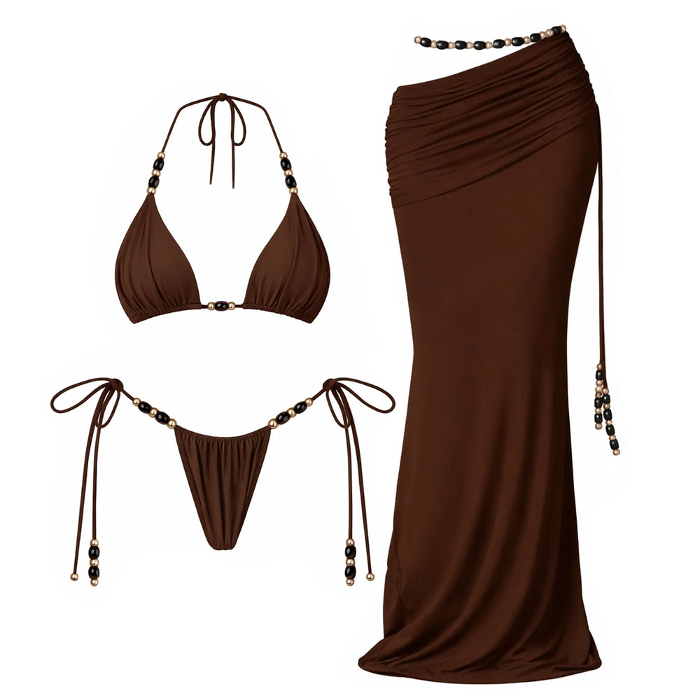 Brown bikini and ruched skirt with bead embellishments