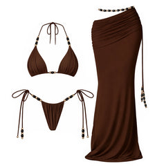 Brown bikini and ruched skirt with bead embellishments