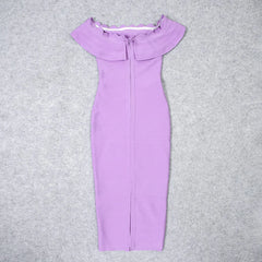 Purple off-shoulder dress on a gray background