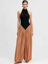 Ruched halter top and beige palazzo pants set