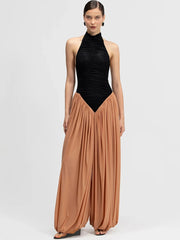 Ruched halter top and beige palazzo pants set
