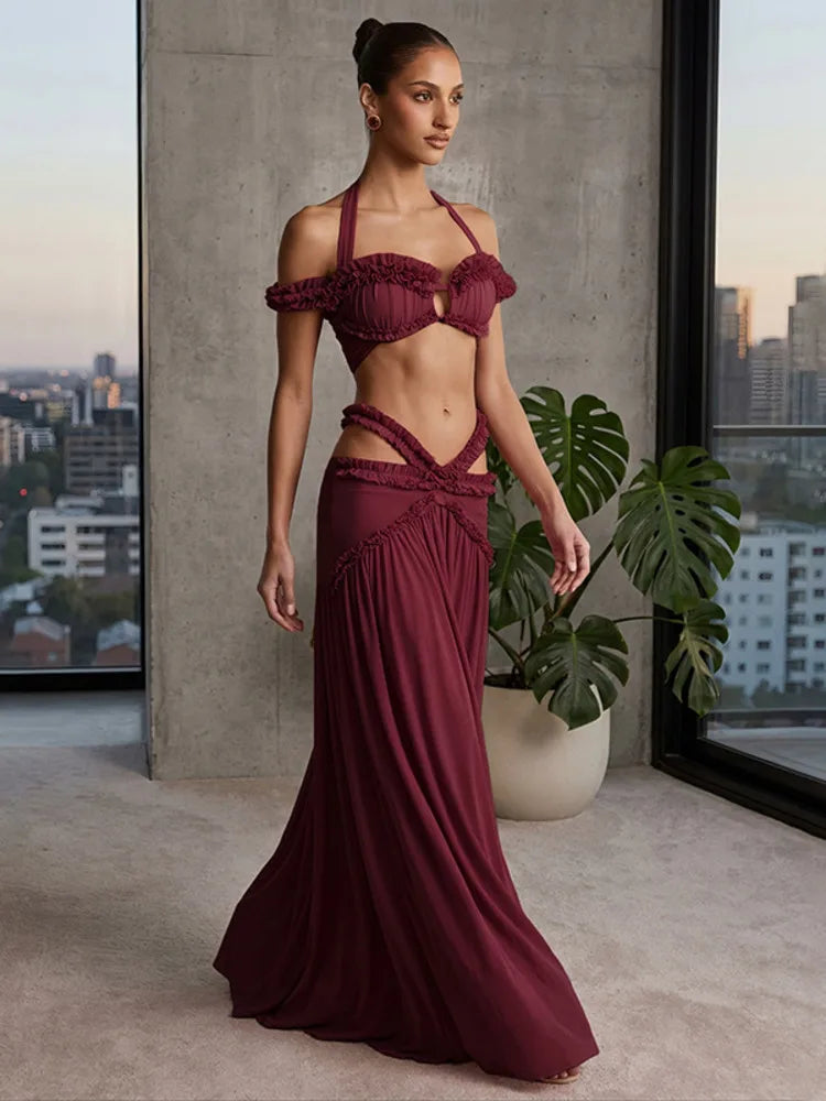 Burgundy halter ruffle crop top and cutout maxi skirt
