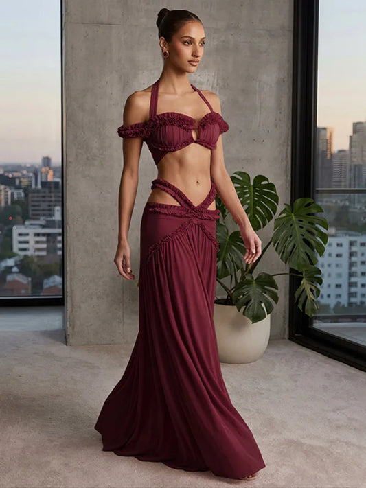 Burgundy halter ruffle crop top and cutout maxi skirt