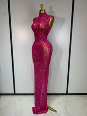 Rhinestone High Neck Sleeveless Dress