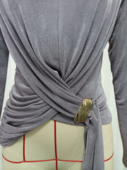 Draped Mock Neck Long Sleeve Ruched Detail Buckle Accent Top