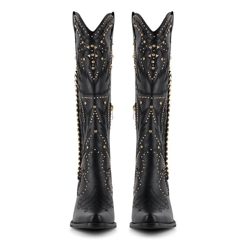 Front view of black studded chain western boots