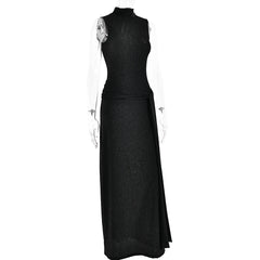 Shiny High-Neck Sleeveless Wrap Maxi Dress