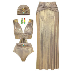 V-Neck Ruched Cut-Out Halter One-Piece Swimsuit and Maxi Skirt Set