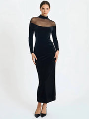 Black Velvet Sheer Off-shoulder Long Sleeve Maxi Dress