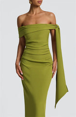 Green strapless dress with a draped design