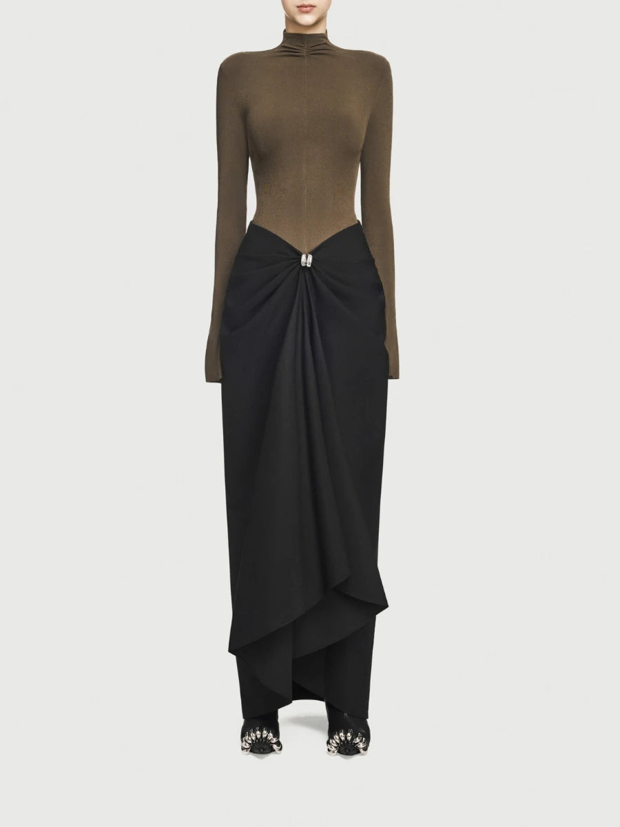 Two-tone dress with a high-neck top and black draped skirt