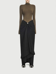 Two-tone dress with a high-neck top and black draped skirt