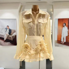 Sheer Lapel Shirt and Floral Skirt Set