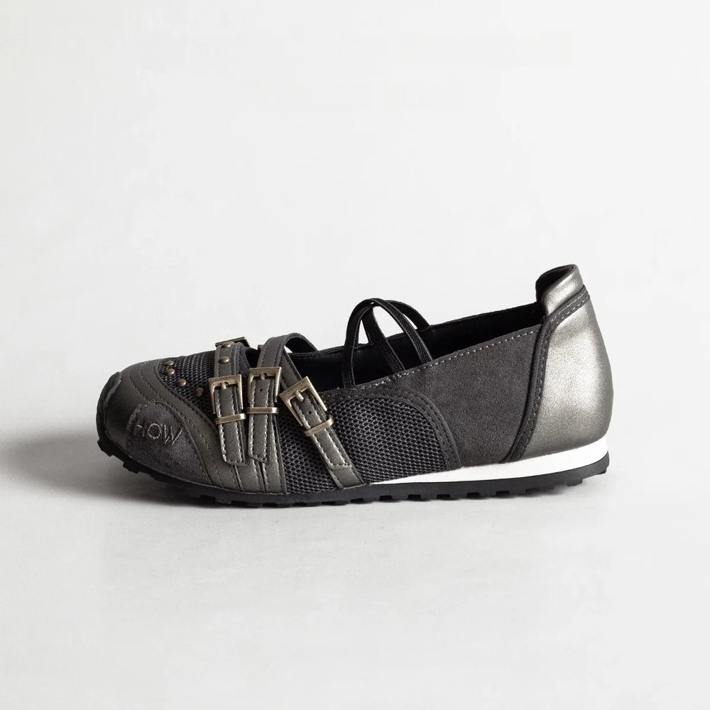 Gunmetal gray buckled Mary Jane flat shoe