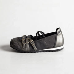Gunmetal gray buckled Mary Jane flat shoe
