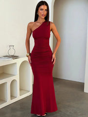 Burgundy one-shoulder ruched column maxi dress